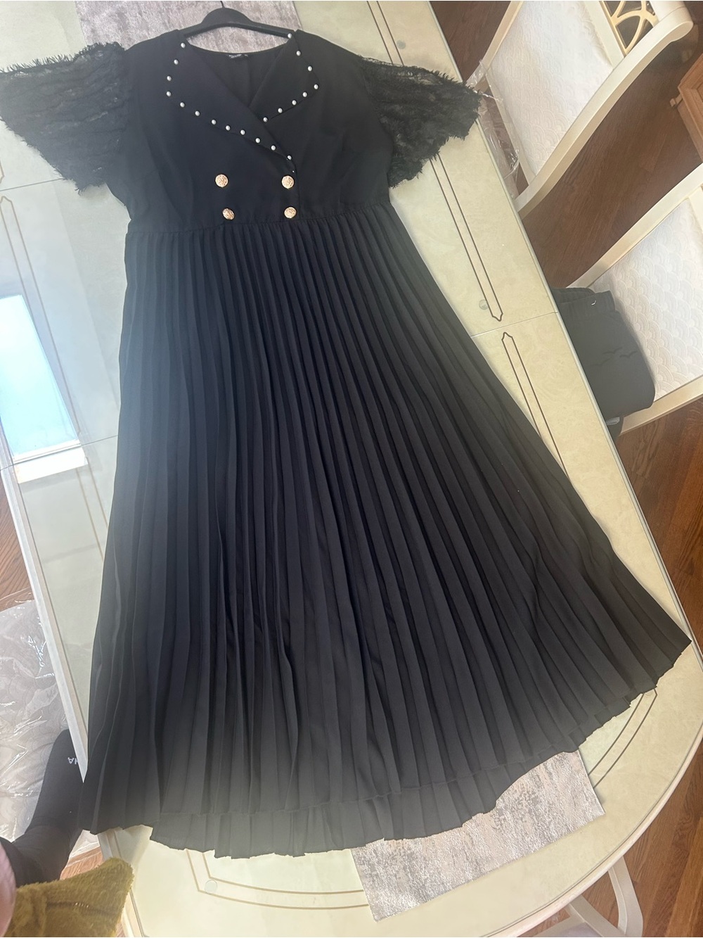 SHEIN Women’s Black Pearl-Trim Pleated Dress